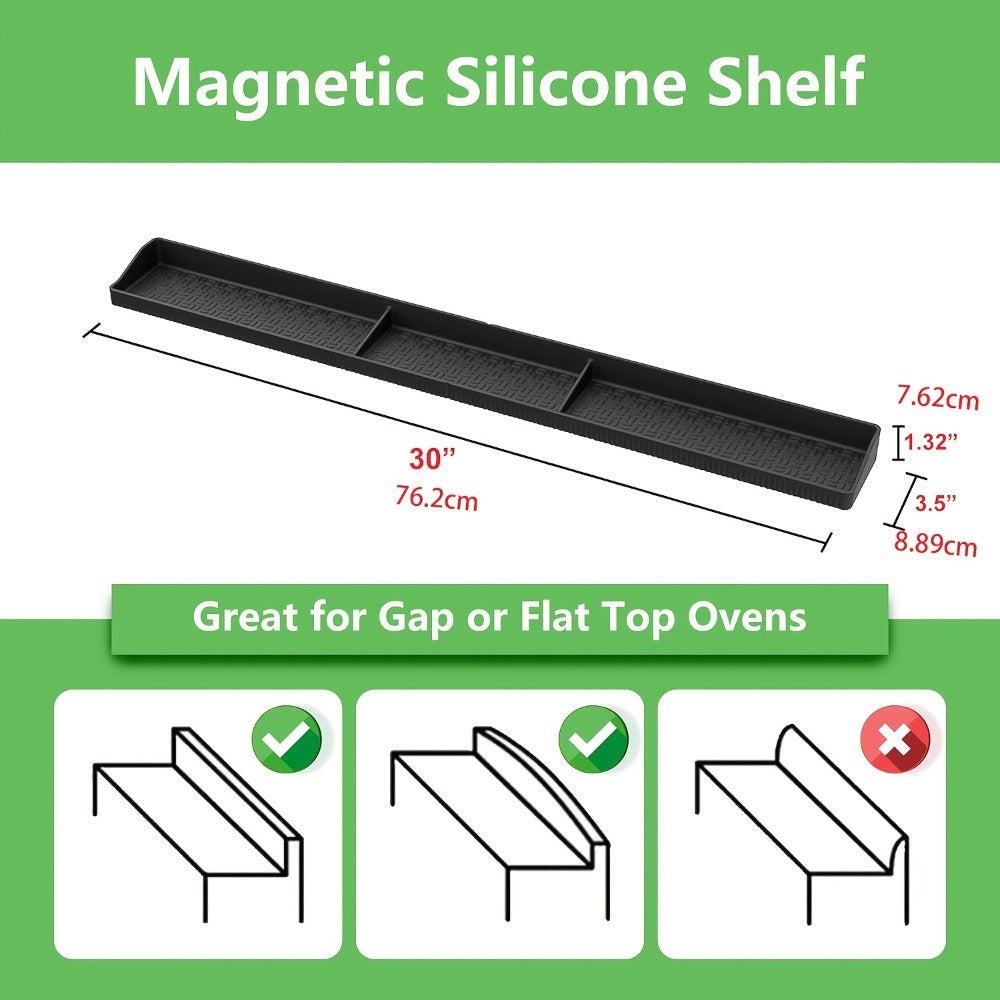 Magnetic Stove Top Shelf Organizer Silicone Spice Rack 30 Inch Heat Resistant Flexible Over Oven Kitchen Storage Organizer Strong Magnetic Mount Black