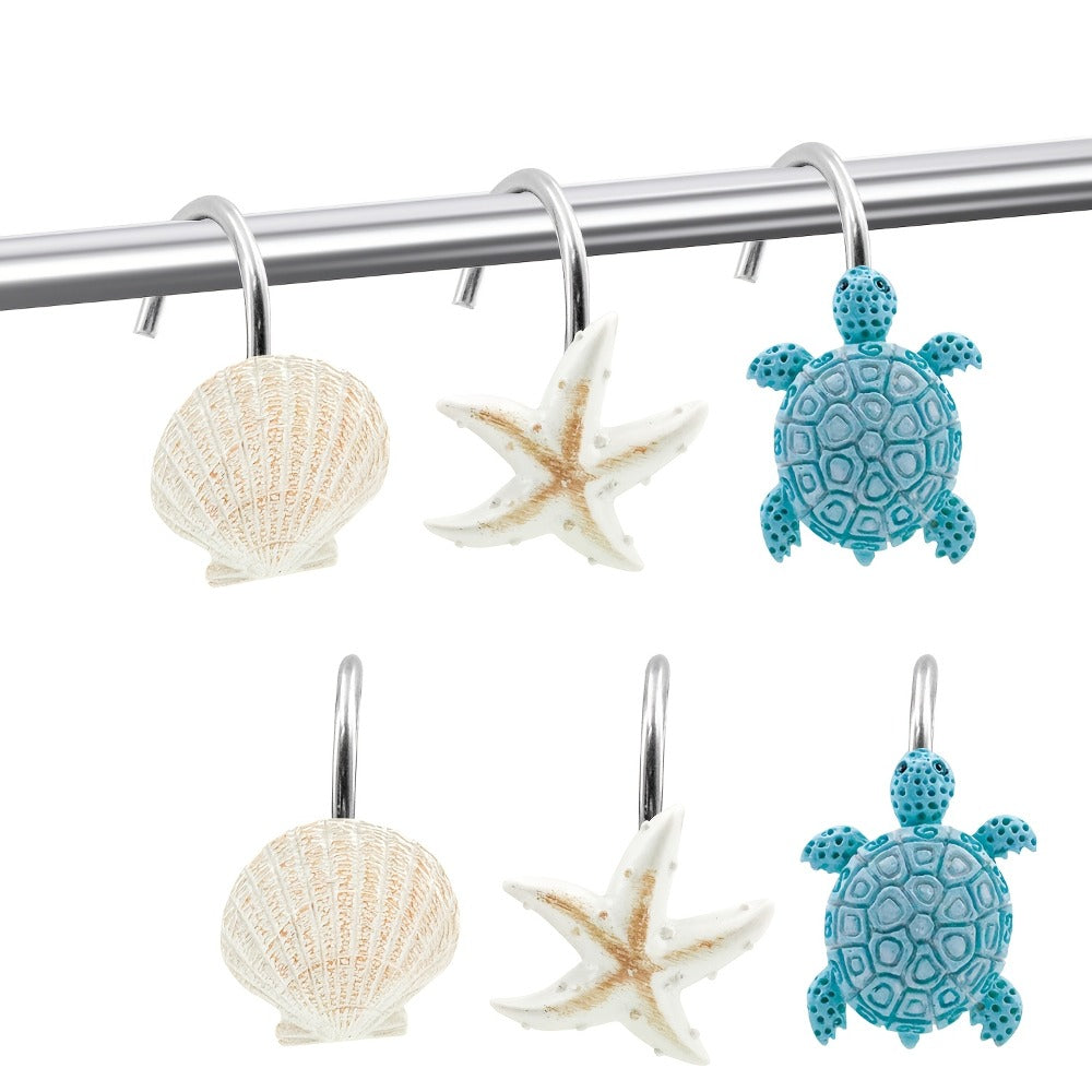 12pcs Resin Marine Shower Curtain Hooks ¨C Blue Turtle & Starfish Shell Decorative Bathroom Curtain Ring Hangers Home Decor Accessories