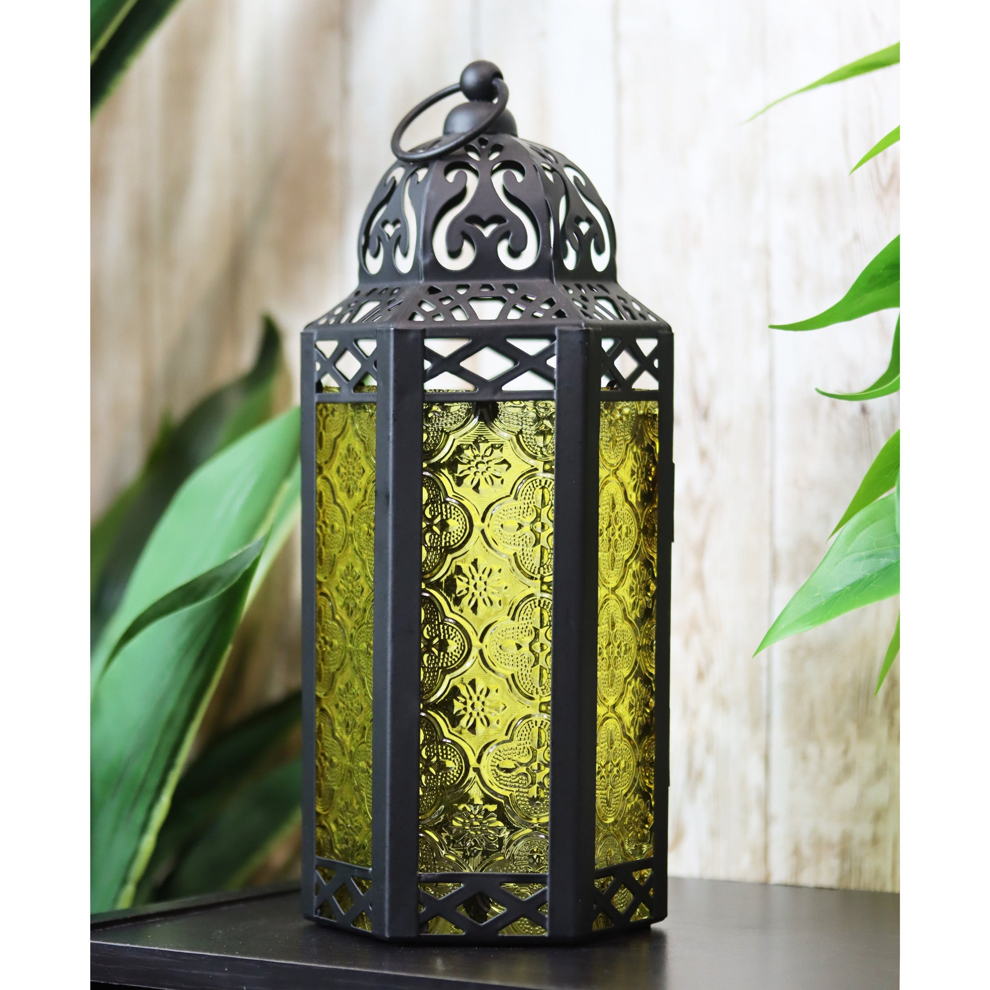 Moroccan Candle Lantern Holder - Decorative Metal & Glass Lantern with Embossed Floral Design for Indoor Home Decor, Garden, Patio, Weddings, Ramadan, Halloween & Holiday Celebrations - 10.5¡± Tall Medium Size