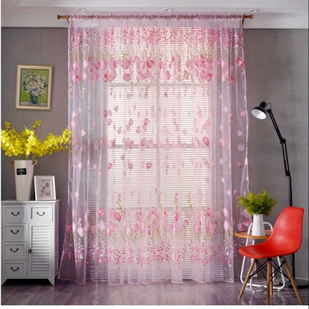 Sheer Tulip Curtains 79 Inch Length - 2 Panels Set Spring Flower Print Chiffon Window Drapes for Living Room Bedroom Balcony Rod Pocket
