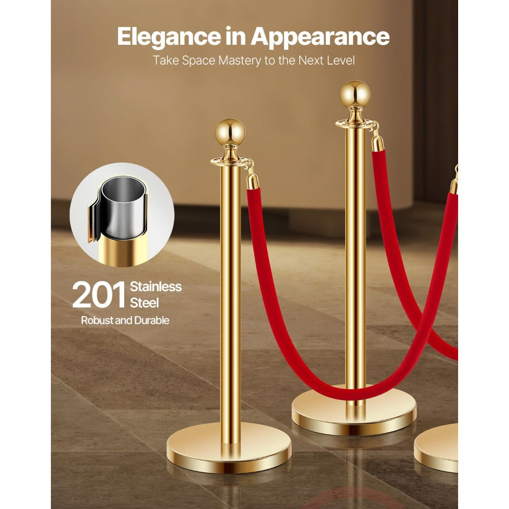 Stanchion Posts with Red Velvet Rope Set - Gold Crowd Control Barrier, 201 Stainless Steel Queue Poles with Sand-Fillable Base & 4-Way Connectors, for Wedding Event Party Museum Hotel, 4/6/8 Pcs