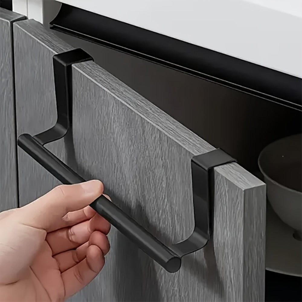 Cabinet Door Towel Bar Stainless Steel 2pcs Set - Over the Door Hand Towel Hanger Rack No Drilling | Black Silver | Kitchen Bathroom Cupboard Dishcloth Organizer Bathroom Accessories