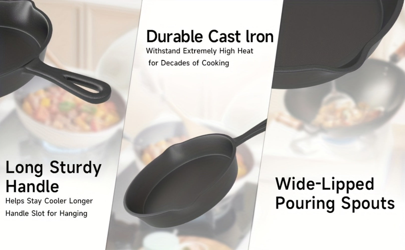 Cast Iron Skillet Set 3pcs - Non-Stick with Drip Spout, Pre-Seasoned Cookware for Holiday Cooking RV Campfire Outdoor Grilling, Heavy Duty Kitchen Frying Pan Set