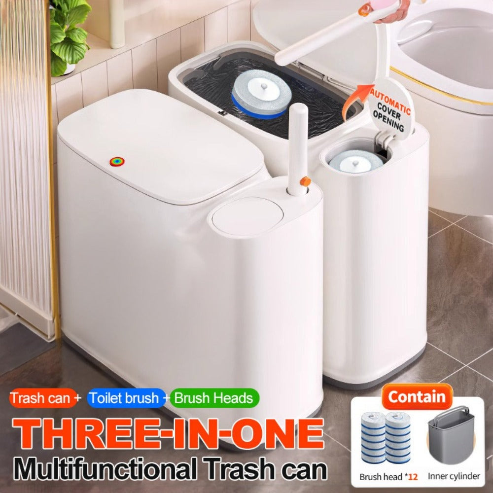 Toilet Brush and Trash Can 2-in-1 Set - Disposable Brush Heads Slim 7.7L Bathroom Waste Bin with Push Lid Hygienic No-Touch Cleaning System Space Saving ABS Plastic | White | RV Apartment Small Bathroom