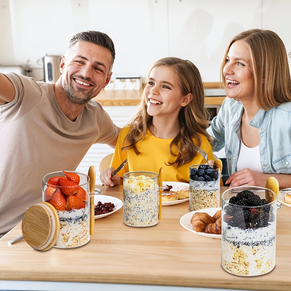 Overnight Oats Glass Jar with Lid and Spoon - 16oz Meal Prep Breakfast Container for Oatmeal Yogurt and Smoothies, Large Capacity Clear Glass Jar Set for Kitchen Meal Prep and Food Storage, Available in 4 or 8 Piece Sets