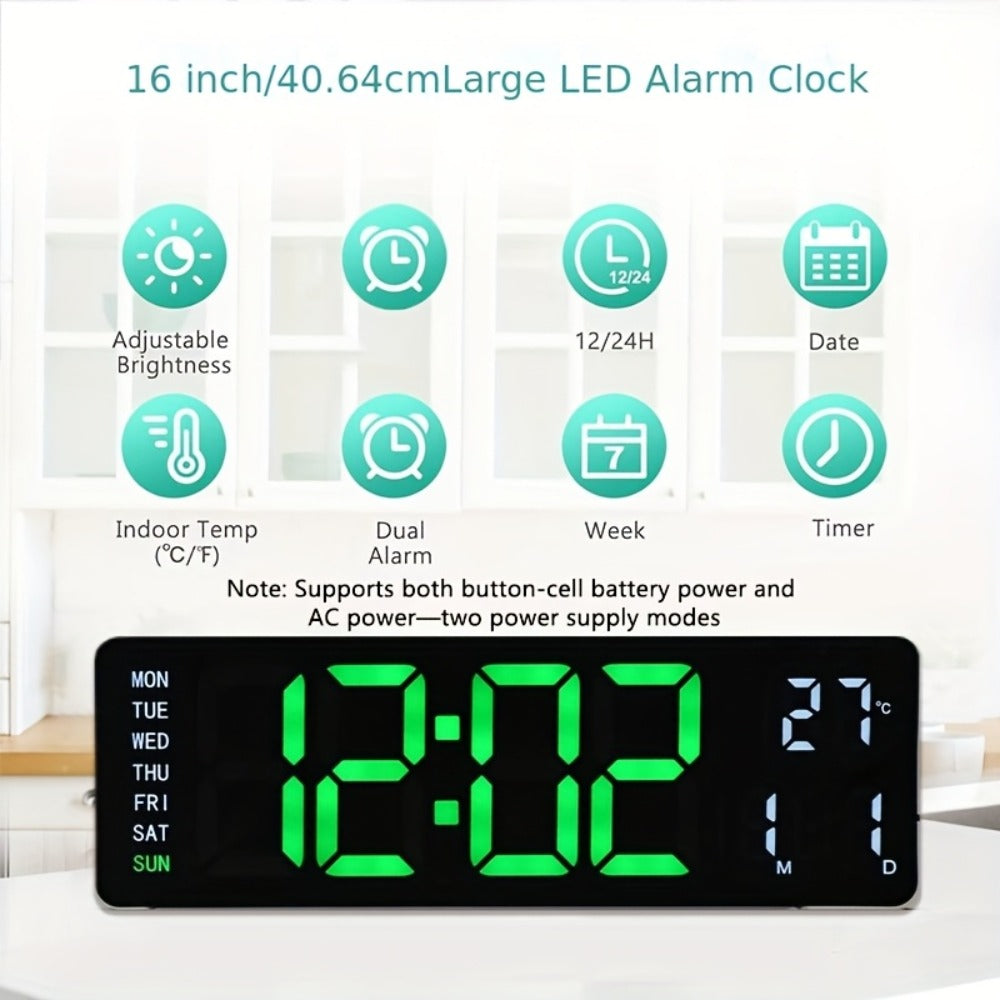Large Digital Wall Clock 16 Inch LED Color Display, Smart Auto-Dimming 10-Level Brightness, Time Temperature Humidity Monitor, Dual Alarm with Snooze, USB Powered with Remote Control for Living Room Office Bedroom