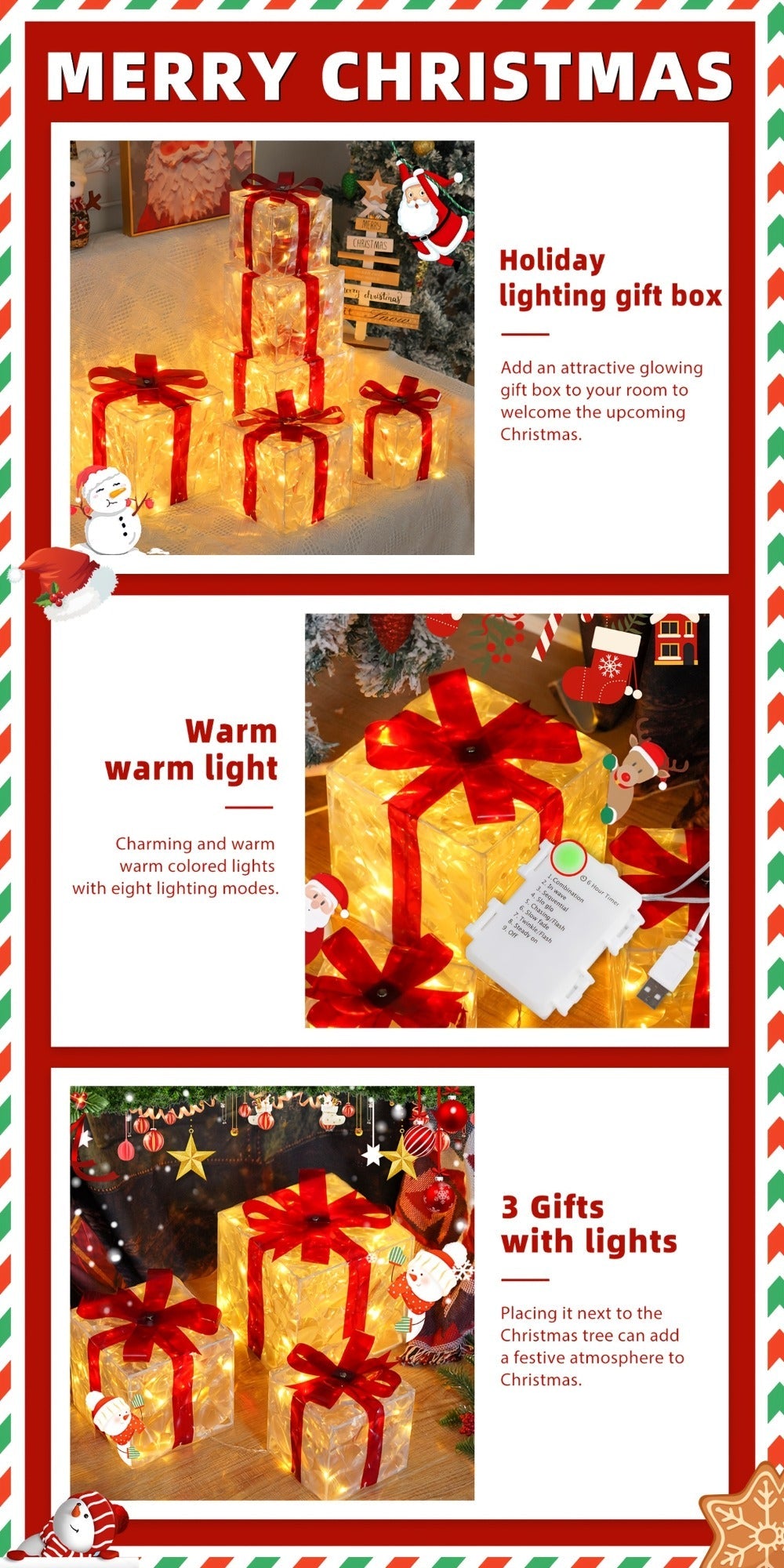 Christmas Light-Up Gift Boxes Set of 3 ¨C USB & Battery LED Warm White Lighted Decorations with Timer, 8 Lighting Modes, Red Bow, Indoor Outdoor Holiday Home Decor