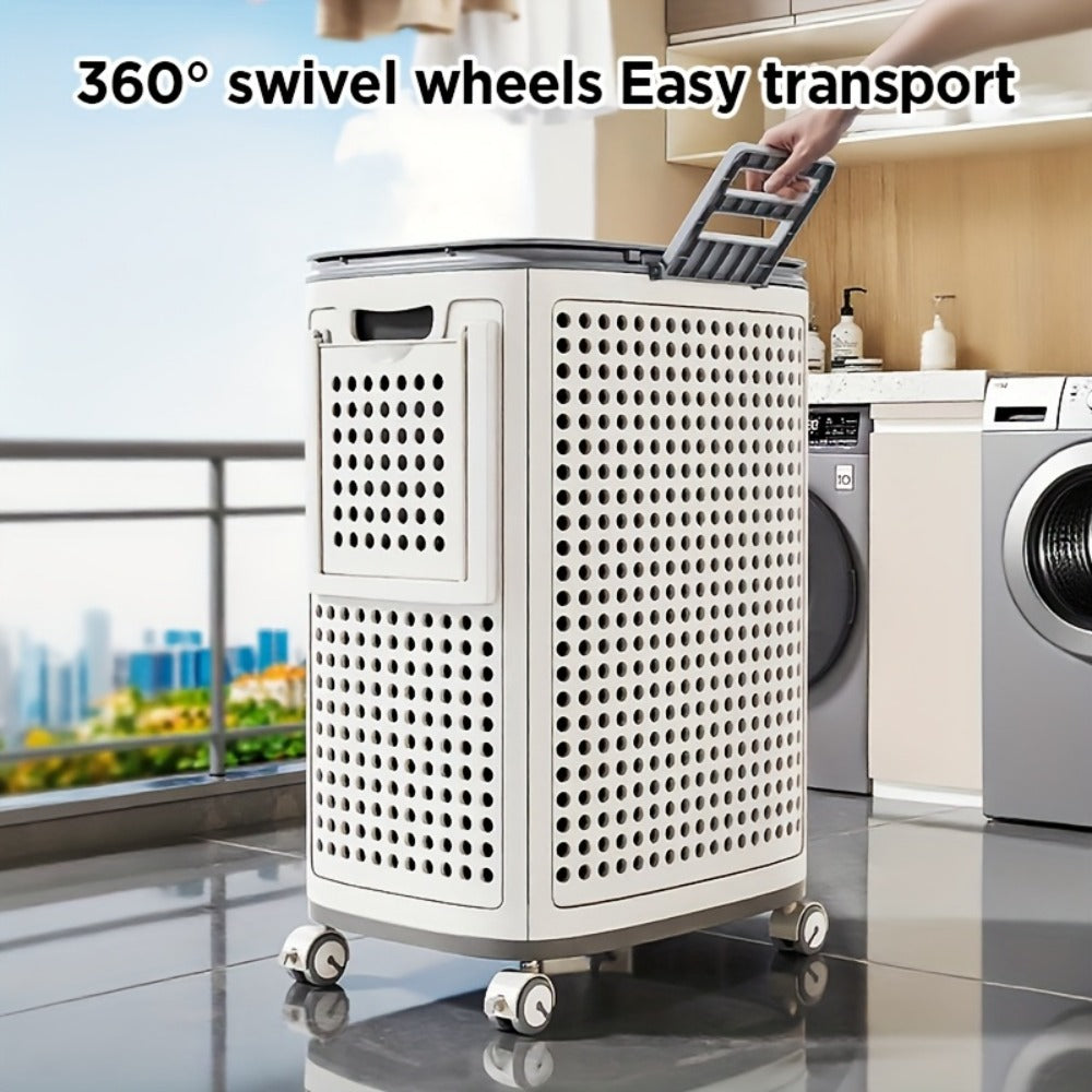 Wheeled Laundry Hamper Large Foldable with Dividers & Dust-Proof Lid ¨C 360¡ã Breathable Mesh Basket on Wheels, Reinforced Steel Base, Portable Clothes Organizer for Bedroom, Bathroom & Dorm
