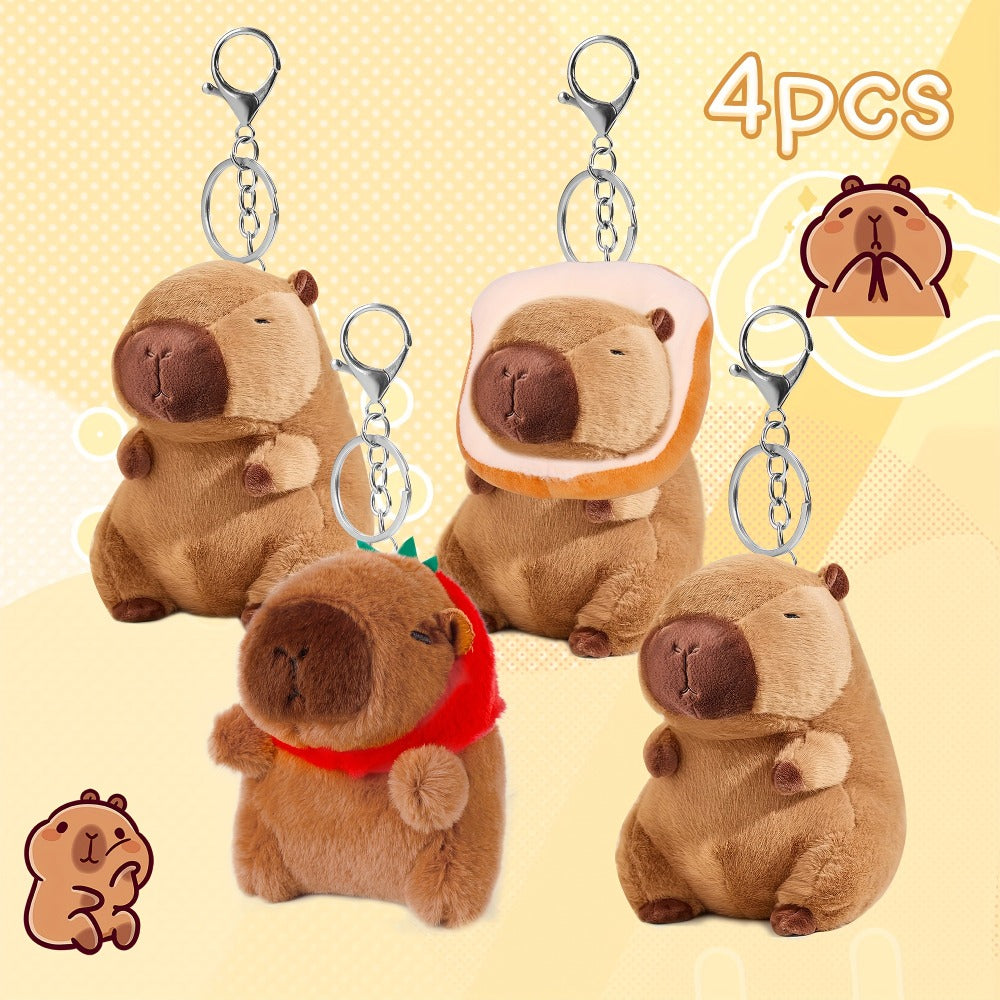 Capybara Plush Keychain Stuffed Animal Cute Mini Capybara with Clothes and Accessories, Kawaii Plush Keychain Gift for Her Him Birthday Christmas Party Favors, 4pcs or Single