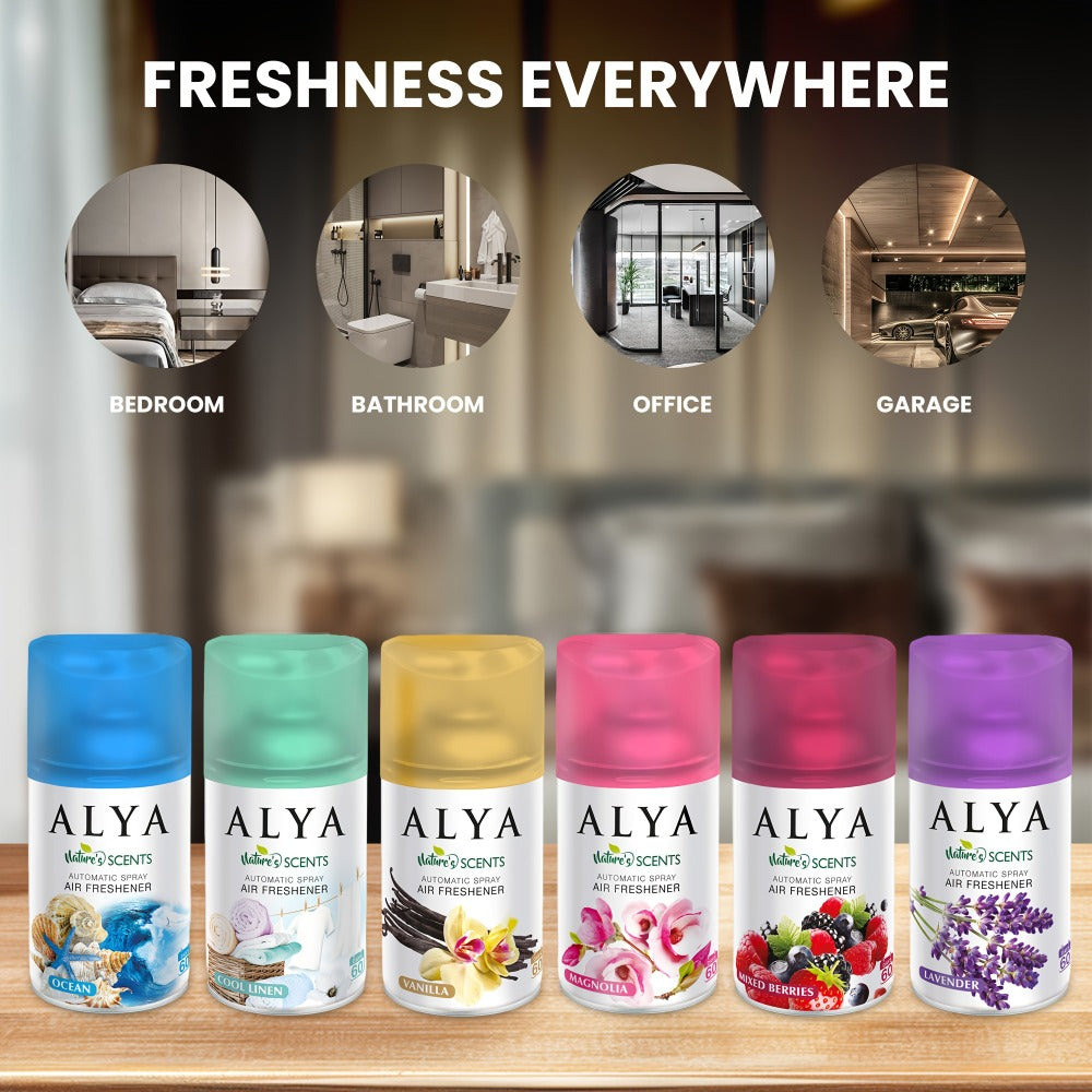Automatic Spray Air Freshener Refill 8.45oz 1pc or 4pcs - 6 Scents Lavender Vanilla Cool Linen Ocean Mixed Berries Magnolia, Odor Fighting Room Spray for Car Office Home Bathroom Kitchen Fabric Closet