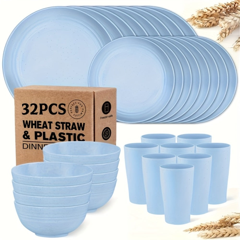 Wheat Straw Dinnerware Set 16 or 32 Piece ¨C Plates & Bowls for 4 or 8 People, Microwave & Dishwasher Safe Plastic Dish Set, Lightweight Colorful Tableware for Home, Party & Holiday