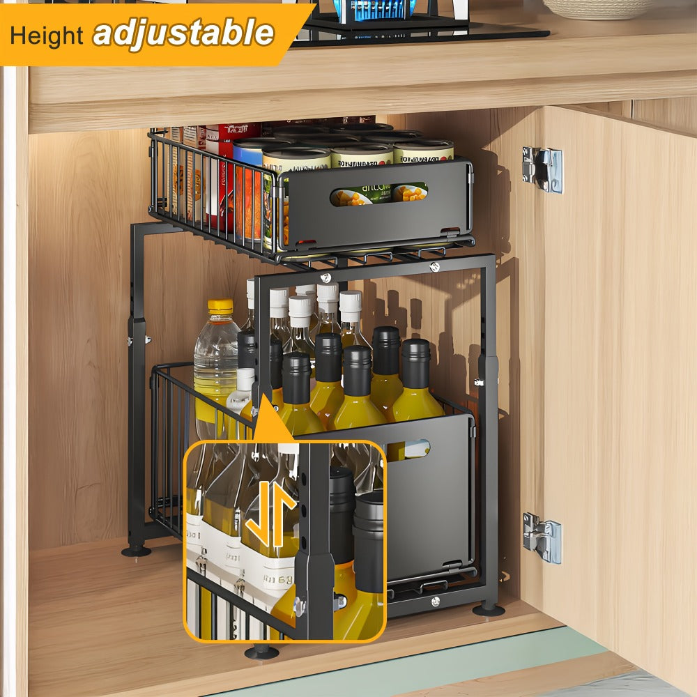2-Tier Pull Out Cabinet Organizer No Drill Slide Out Shelf Kitchen Pantry Storage Roll Out Drawer Black
