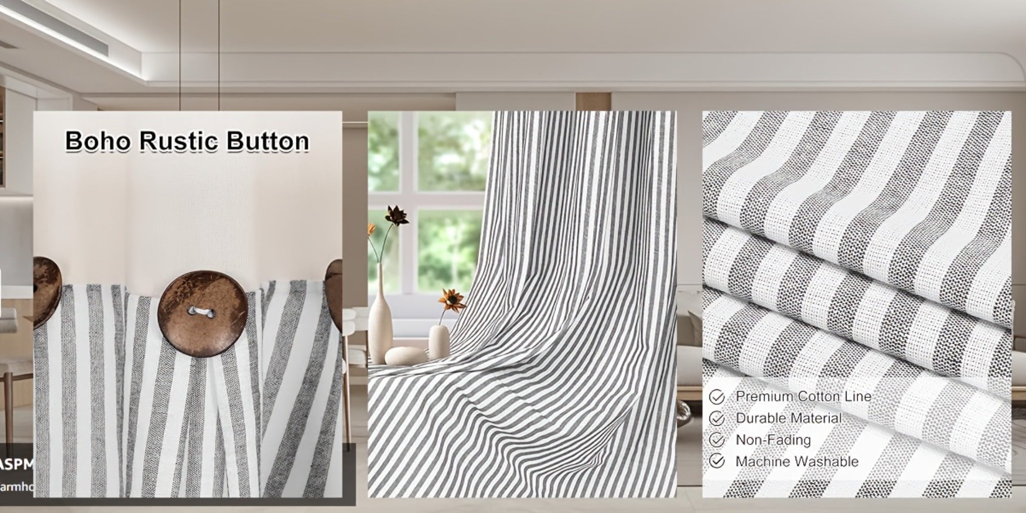 Semi Sheer Curtains Bohemian Linen Cotton Patchwork Grommet Top Window Drapes for Bedroom Living Room Kitchen Bathroom Cafe - Boho Country Cottage Style 4 Seasons 1 or 2 Panels