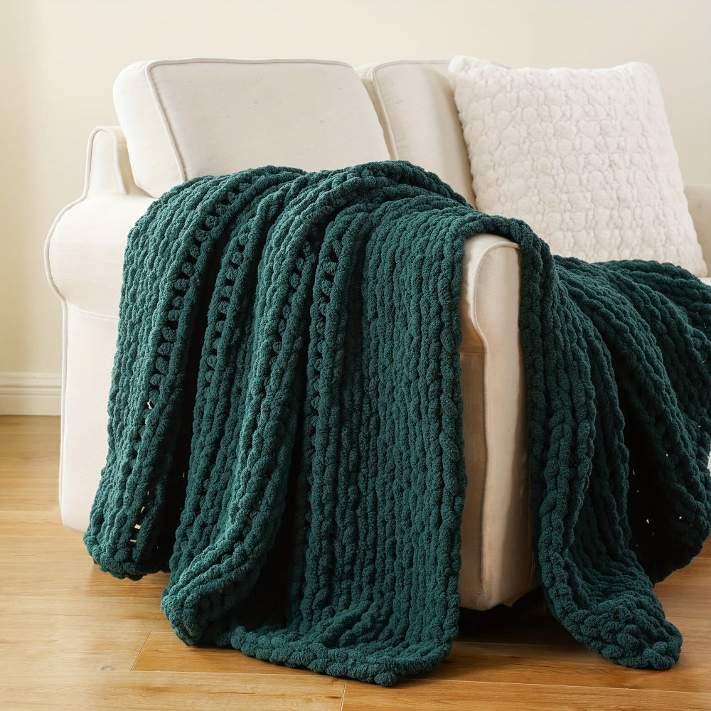Chunky Chenille Cable Knit Throw Blanket ¨C 350-400gsm Soft Warm Crochet Throw for Sofa, Bed & Couch, Vintage Patchwork, 14 Colors