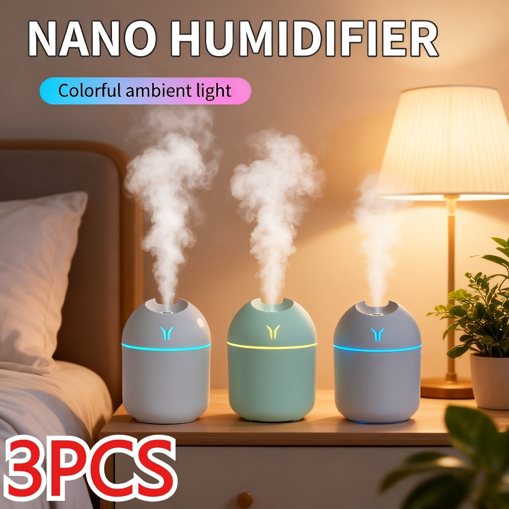 Aroma Diffuser Humidifier USB Mini ¨C 3 Pack Cool Mist with Color Night Light, Portable for Bedroom, Car, Home & Dorm, Keeps Air Fresh & Plants Healthy, Gift for Men & Women (White+Blue+White)