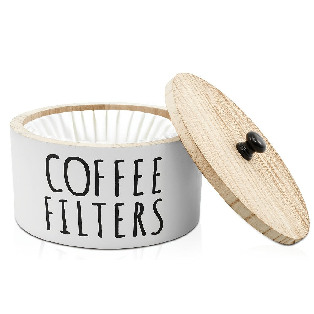 Wooden Coffee Filter Holder with Lid ¨C Large Capacity Rustic Round Organizer Dispenser for Coffee Filters & Tea Bags, Bamboo Lid, Kitchen Countertop Coffee Bar Decor