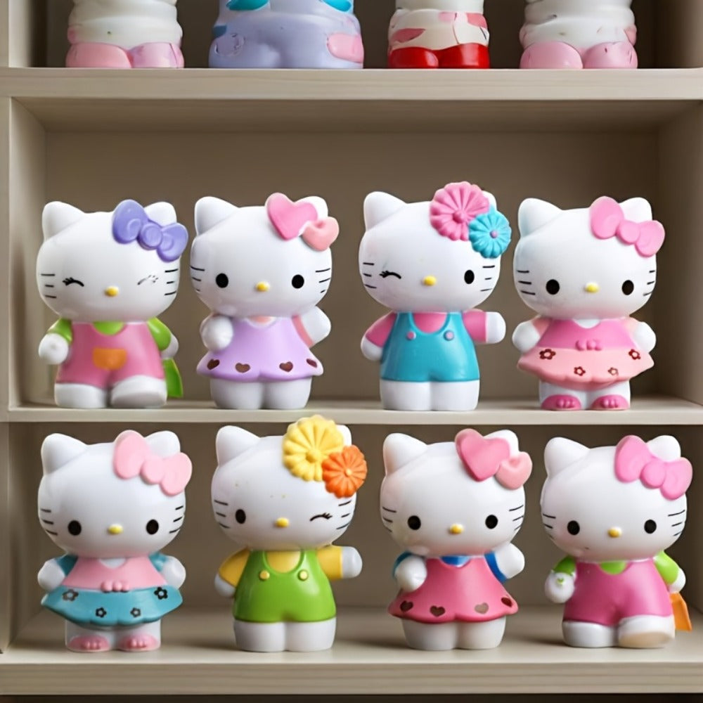 KT Cat Mini Figurine Set 8pcs | Cute Anime Desktop Ornaments Collectible Dolls | Car Dashboard Home Office Decor Gift for Birthday Valentine's Day Halloween Christmas