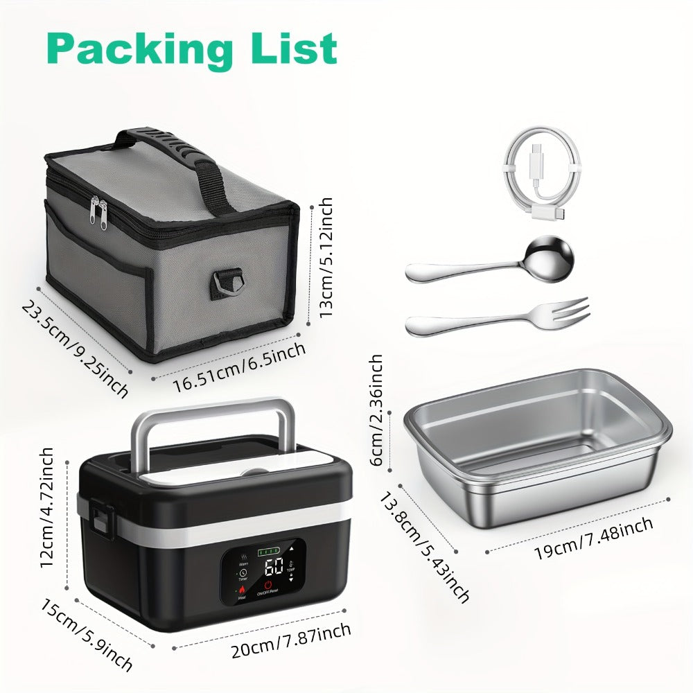 Self Heating Lunch Box Battery Powered 8000mAh - 60W Portable Electric Food Warmer with Smart Timer 1 Liter Stainless Steel Inner Container for Home Car Office and Truck, Leak Proof with Fork Spoon and Carry Bag, Gift for Men and Women