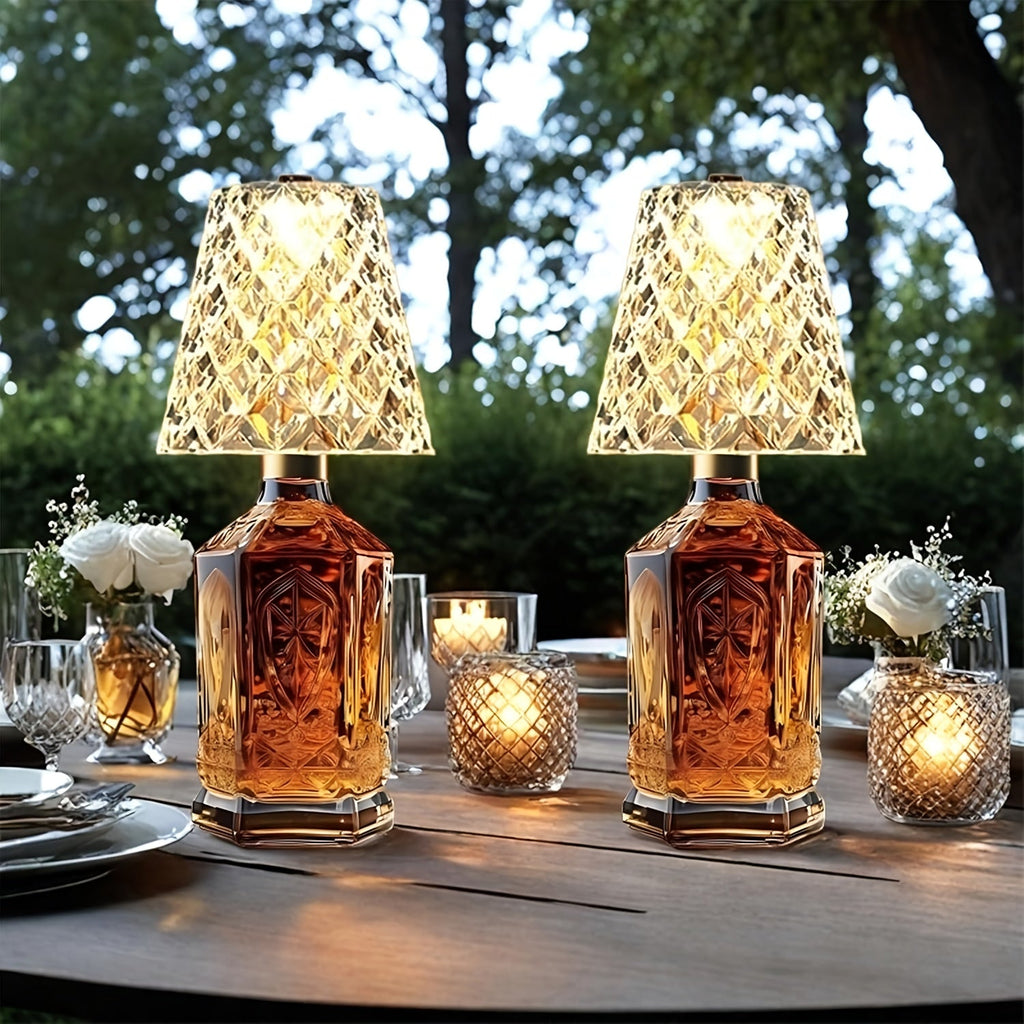 Wireless Wine Bottle Lamp ¨C USB Rechargeable Acrylic Crystal Shade, 3-Color Touch Control Smooth Dimming, 2000mAh Cordless Bottle Light for Bar Decor, Home, Kitchen, Party & Table Ambiance (1pc / 2pcs)