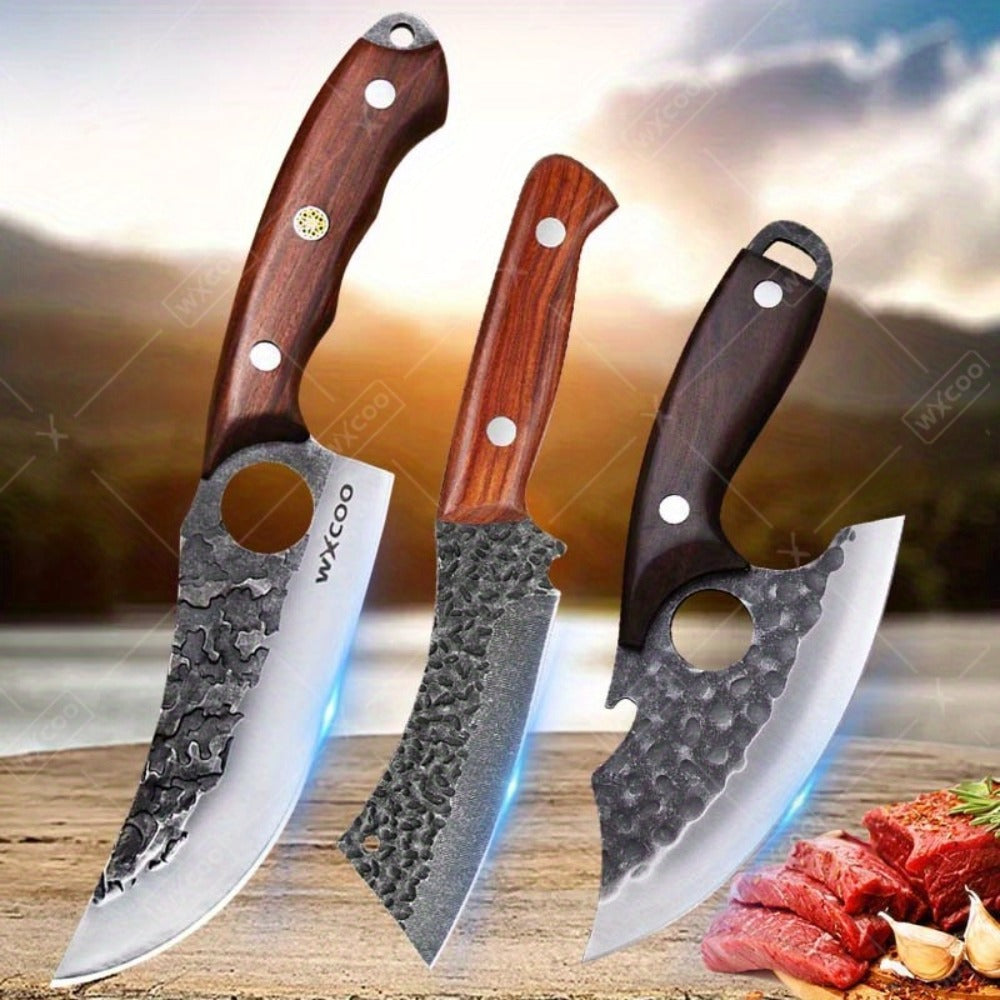 Chef Knife Set Stainless Steel, Professional Kitchen Knife Set with Boning Knife & Utility Knife, Viking BBQ Knife with Hammered Blade & Wood Handle, Multipurpose Cooking Knives for Meat Fish Vegetable