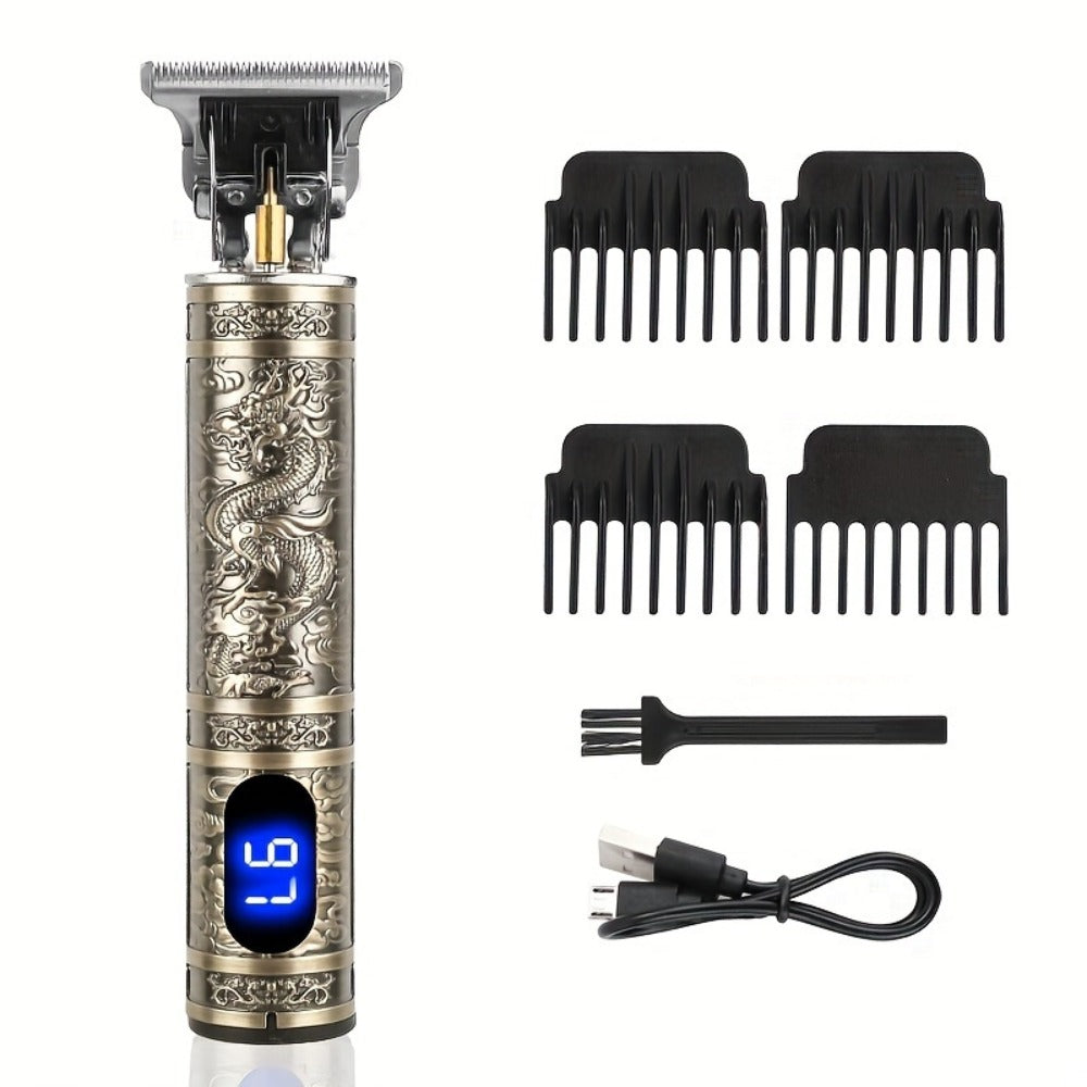 Professional Hair Clipper with LCD Display Vintage Oil Head Fade & Carving Hair Cutting Machine - Precision Trimming for Barbers & Home Use, Unique Dragon & Buddha Head Designs, Rechargeable