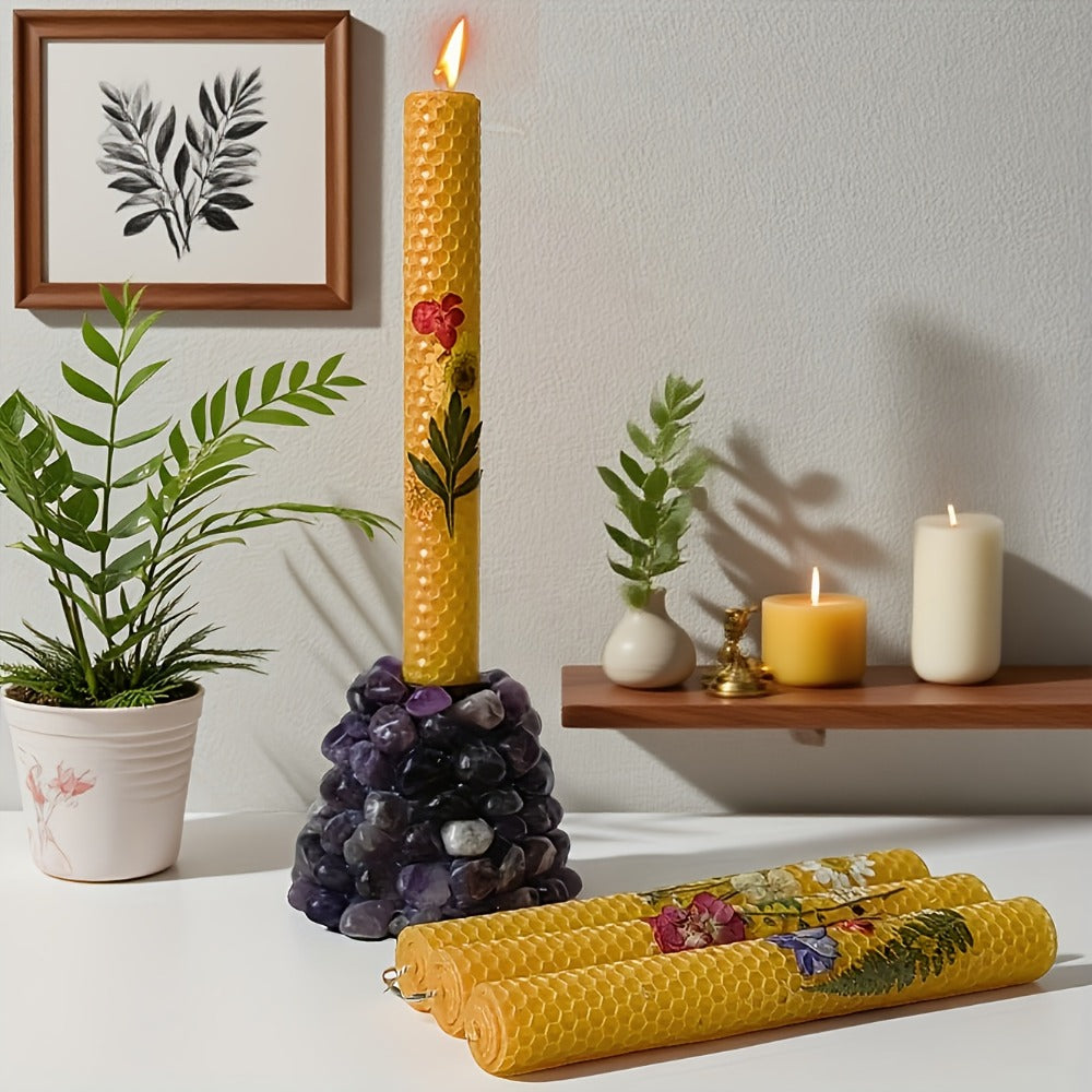 Floral Cone Candle Holders Set of 4 ¨C 10-Inch Decorative Beeswax Taper Candles for Holiday Parties, Valentine's Day & Mother's Day Gifting