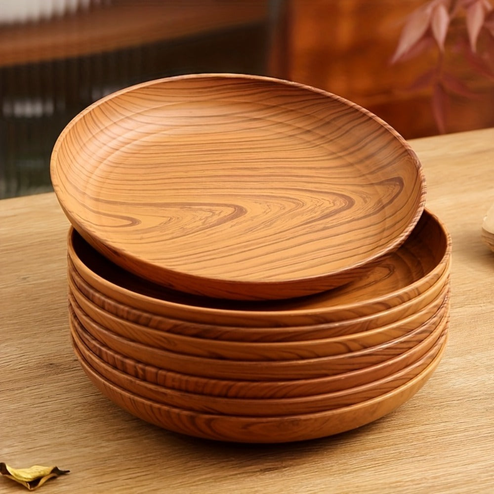 10pcs Wood Grain Dinner Plates Set - Round Striped Plastic Serving Trays for Home Kitchen Dessert Shop Restaurant | Fruit Tray Tea Tray Cake Plate Snack Dish