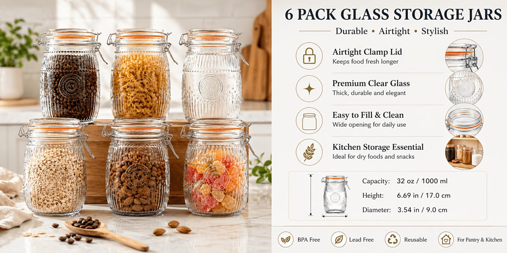 Mason Jars 6 Pack 32oz Wide Mouth Airtight Glass Canister Set with Hinged Lids Vintage Sunflower Pattern Kitchen Storage Jars for Coffee Sugar Beans Spices Dry Goods Pantry Organization