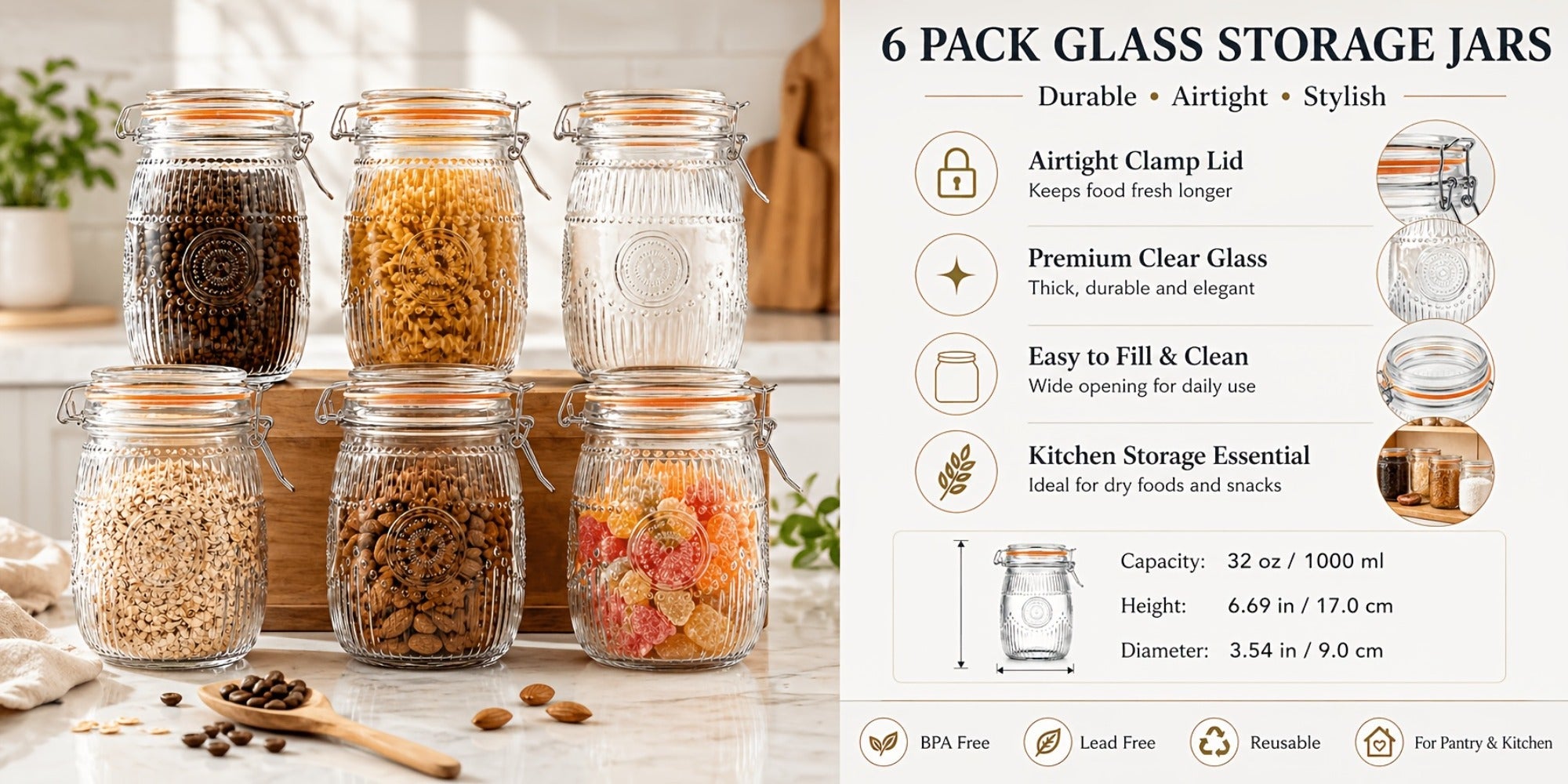 Mason Jars 6 Pack 32oz Wide Mouth Airtight Glass Canister Set with Hinged Lids Vintage Sunflower Pattern Kitchen Storage Jars for Coffee Sugar Beans Spices Dry Goods Pantry Organization