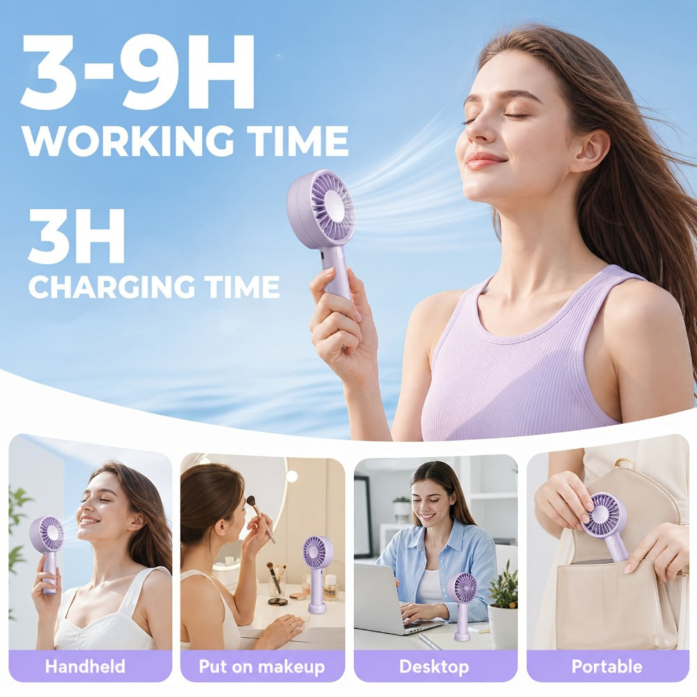 Portable Handheld Fan 16-Hour Battery Life | Air Turbo Tech 3-Speed USB Rechargeable Personal Cooling Fan for Outdoor Activities, Travel & Work ¨C Upgraded Purple, White & Mini Light Blue