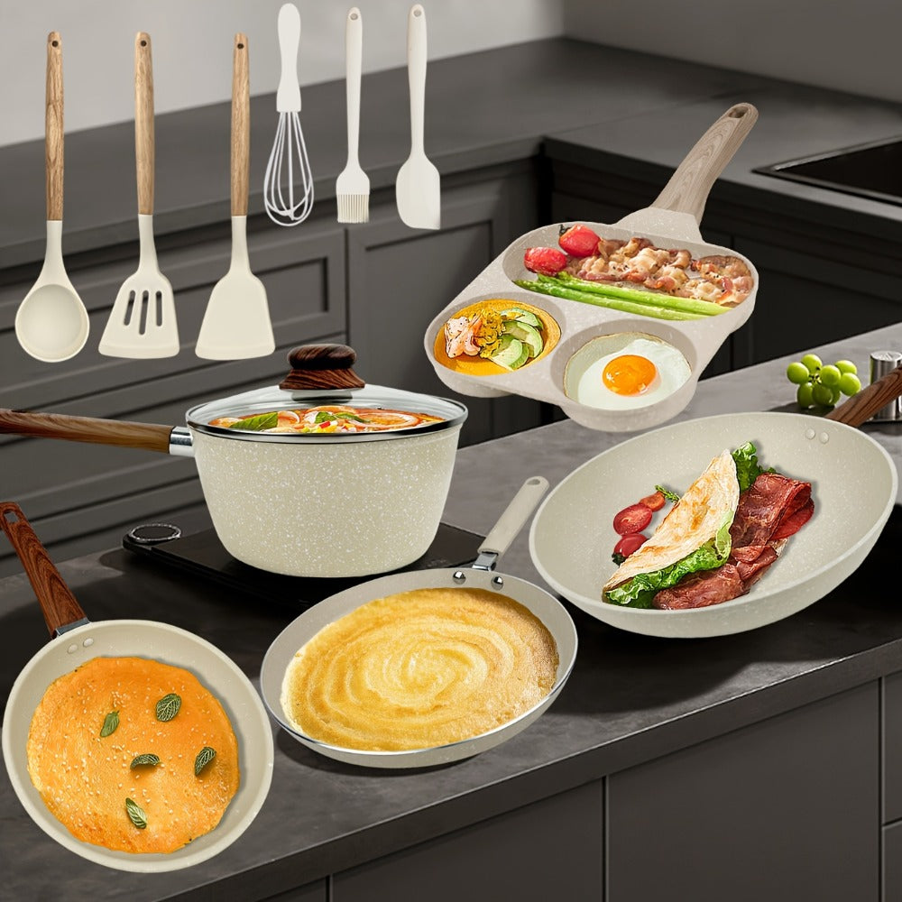 Non-Stick Cookware Set 7 12 & 15 Piece Induction Compatible ¨C Frying Pan Steamer Silicone Spatula & Tongs | Complete Pots and Pans Cooking Set | Perfect Wedding Housewarming Gift for Friends