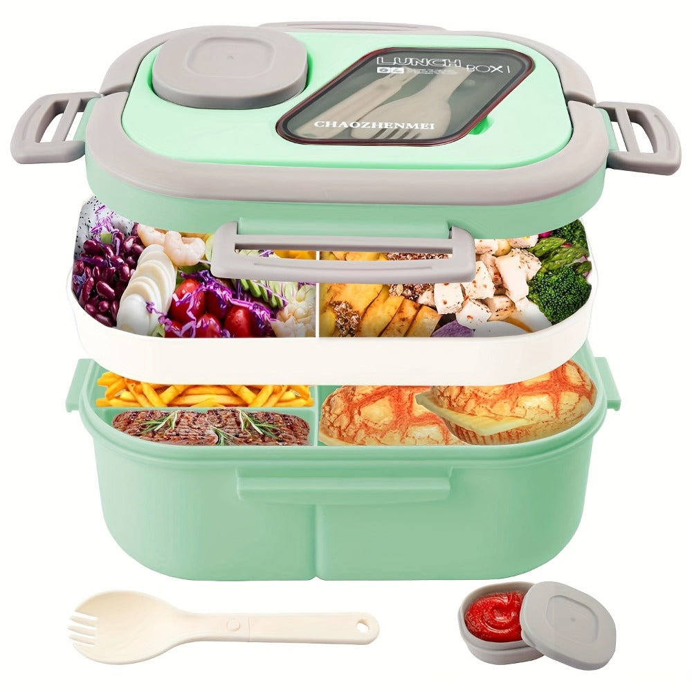 2-Layer Bento Lunch Box Set with Cup and Meal Bag - Multi-Grid Lunch Box for School, Office & Outdoor Picnics, Food Storage Container with Milk Cup, Salad Cup, Coffee Cup or Soup Bowl, Pink Blue Green White