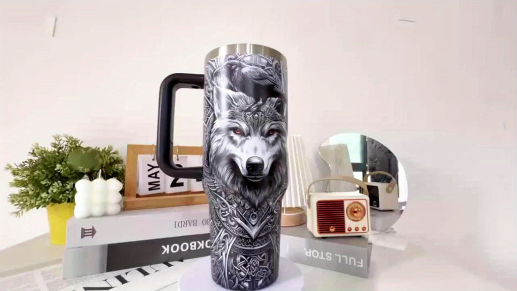 40oz Viking Tumbler with Handle - Wolf Raven Norse Mythology Celtic Knot Stainless Steel Insulated Travel Mug, Viking Gift for Men Women, Coffee Mug for Viking Lovers, Norse Mythology Gift