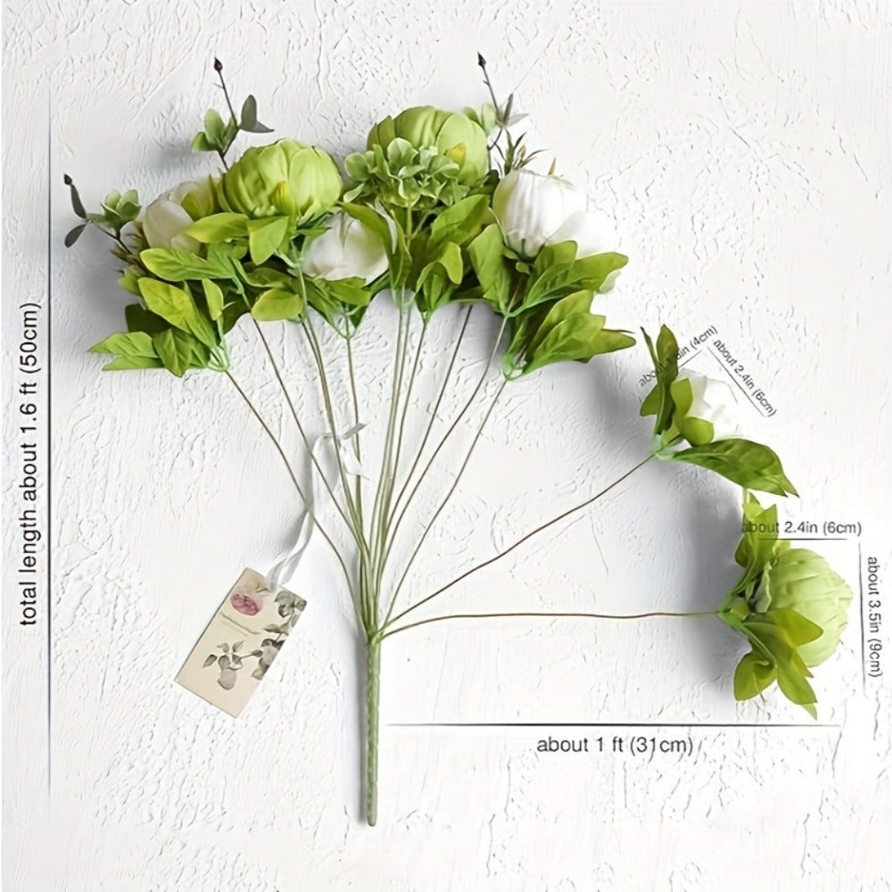 Faux Peony & Hydrangea Bouquet ¨C Vintage Artificial Flowers for Wedding Centerpiece, Bridal Bouquet, Home Decor, Rustic Beige Green Floral Arrangement for Table Vase Living Room & Event Decor