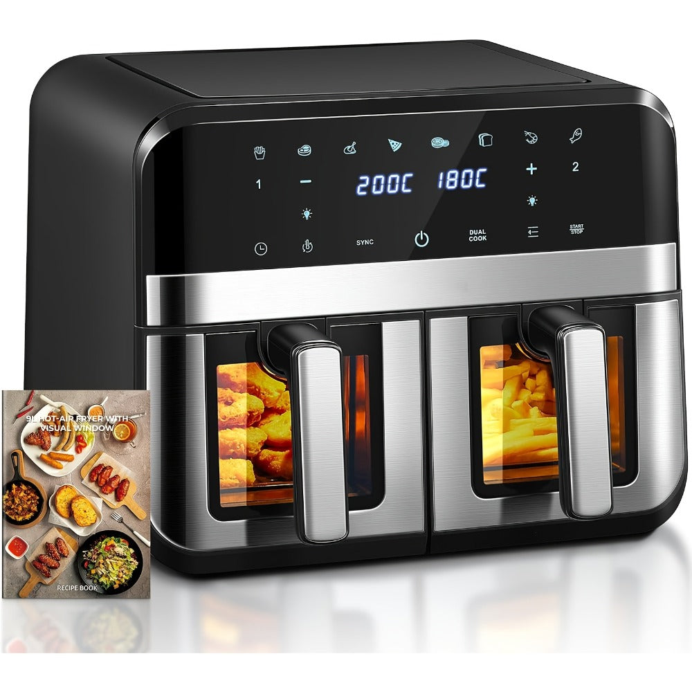 Dual Basket Air Fryer 9.5Qt ¨C 2x4.75Qt Independent Zones, Smart Finish Match Cook, 2400W, 8 Presets, Air Fry Roast Bake Grill, Energy Saving Family-Size Double Basket Air Fryer