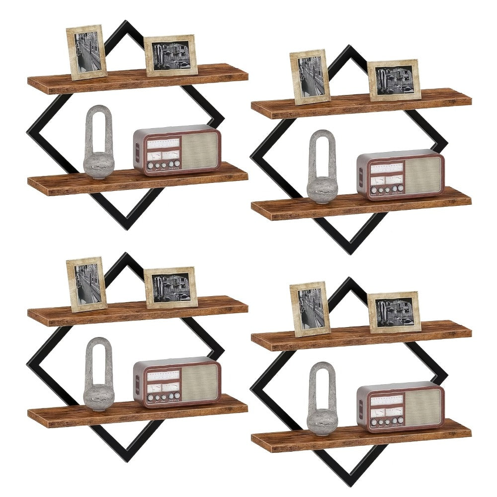 Floating Wall Shelves Double Layer Geometric Diamond Metal Wire Wood Display Stand Industrial Style for Living Room Kitchen 2 4 Pack
