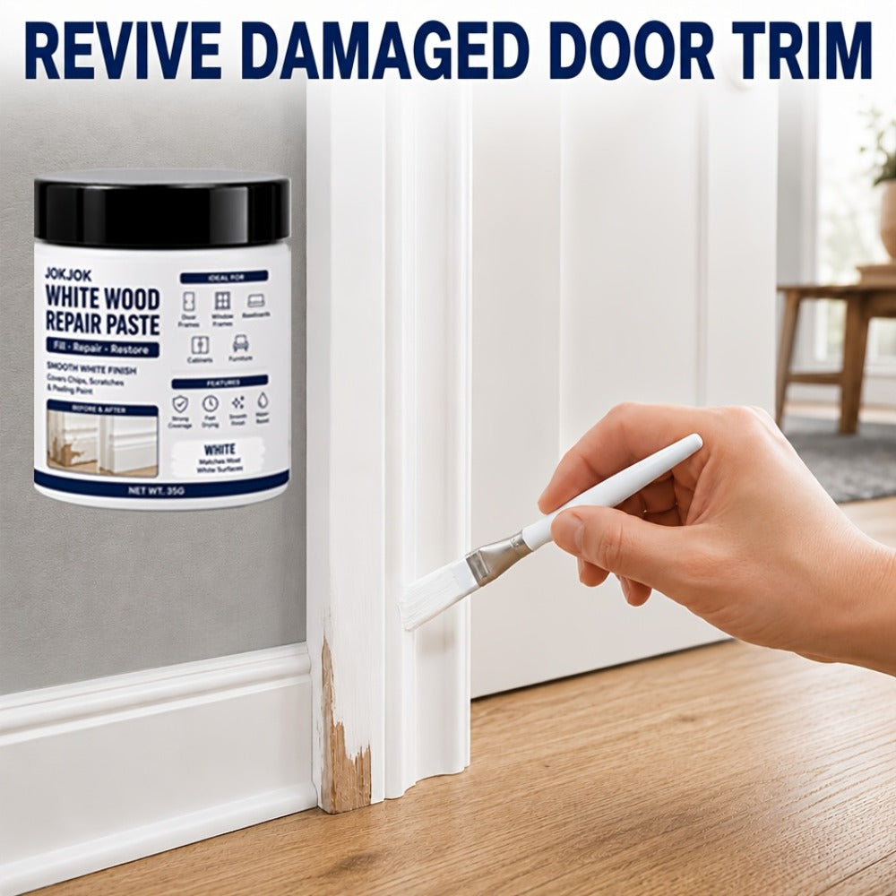 Wood Repair Filler Paste - White Trim Repair for Door Frames, Window Frames, Baseboards & Cabinets - Covers Scratches, Chips & Peeling Paint - Fast Drying Water-Based Formula