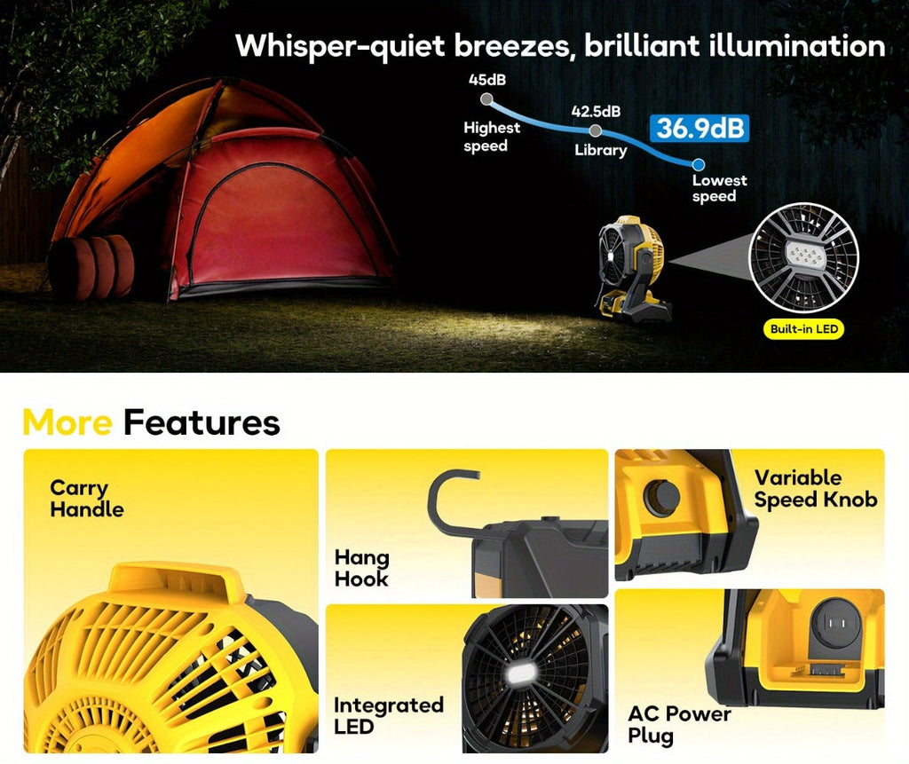 Cordless Camping Fan Compatible with DeWalt 20V Max Battery Adjustable Speed 180 Degree Tilt Built-in LED Light Hook for Hanging Portable Outdoor Fan Yellow Battery Not Included