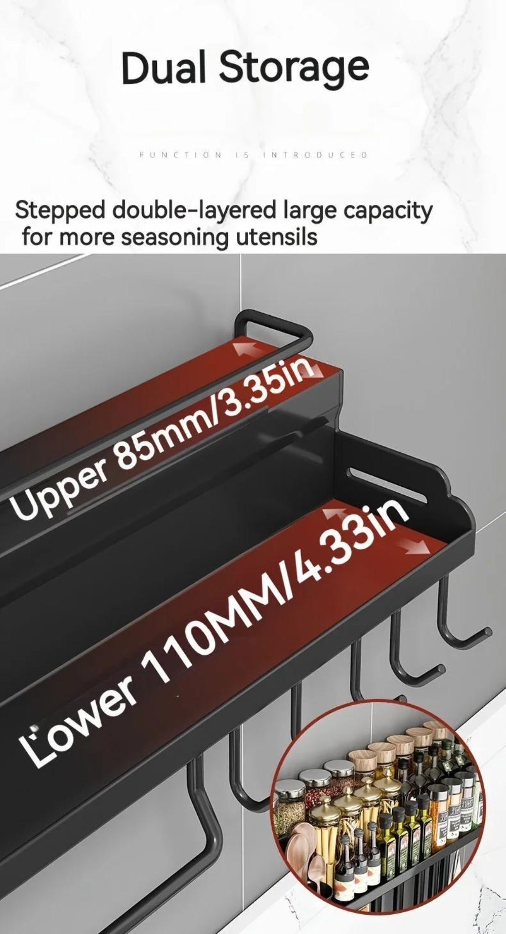 Kitchen Wall Mounted Storage Rack Double Layer ¨C No-Drill Organizer with Knife Slots, Chopstick Holder & Towel Bar, Space-Saving Floating Shelf for Kitchen Counter, 19.69 Inch (Black)