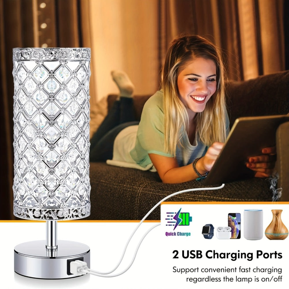 Crystal Bedside Table Lamp with Touch Control & 2 USB Charging Ports, 3-Way Dimmable Nightstand Lamp with Decorative Crystal Base, LED Bulb Included, for Bedroom Living Room Office