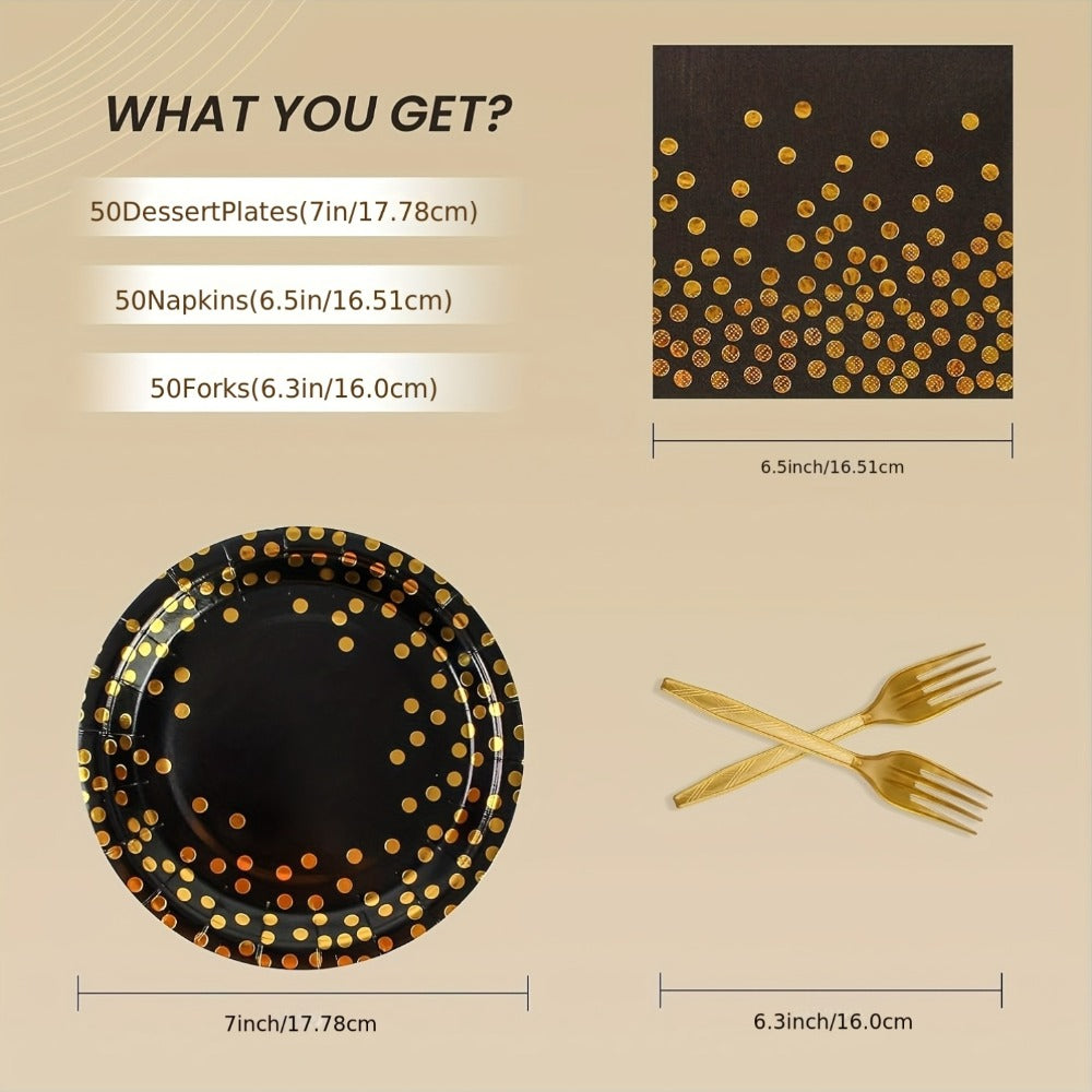 Disposable Party Supplies Set 150 Piece Black and Gold - Paper Plates, Napkins & Forks for 50 Guests, Elegant Tableware for Birthday, Wedding, Graduation & Holiday Celebrations