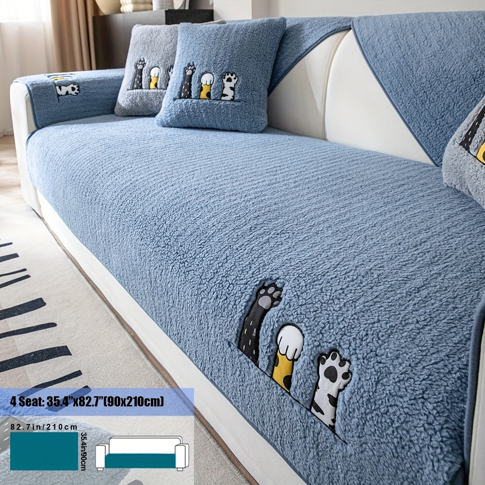 Sherpa Sofa Cover Cat Paw Embroidered Thick Plush Couch Slipcover Non-Slip Seat Cushion Protector Pet-Friendly Machine Washable Furniture Cover for Living Room Home Decor