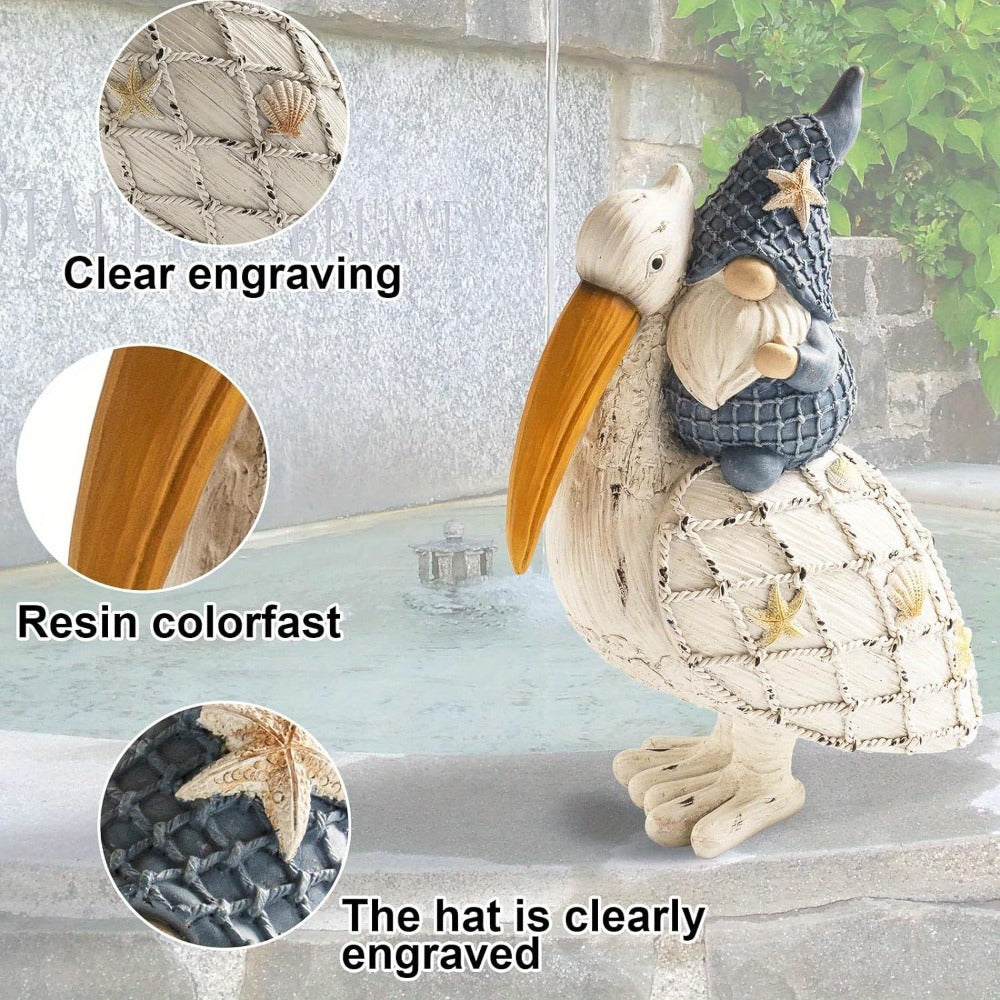 Pelican Gnome Figurine 11.5¡± ¨C Resin Coastal Beach Decor with Starfish & Seashell, Tabletop Statue for Home, Garden & Poolside ¨C Summer Gift & Nautical Decor