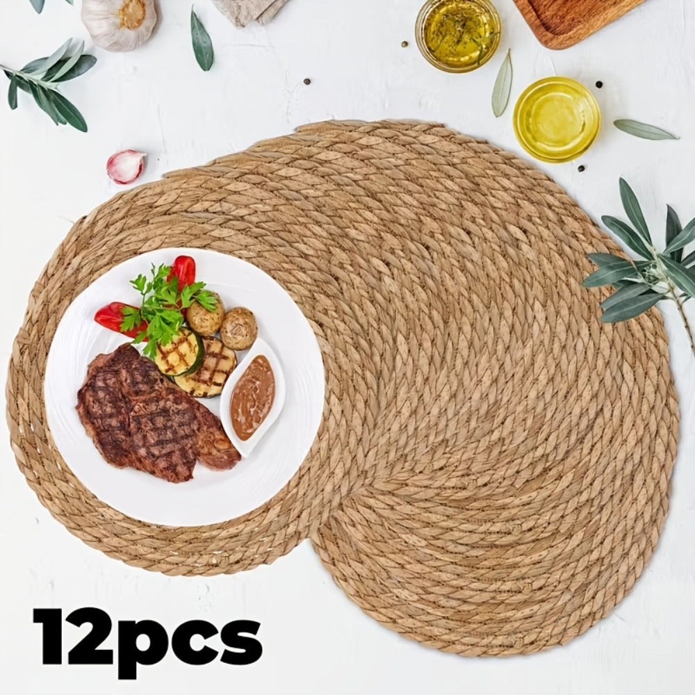 12pcs Rattan Placemats Natural Wicker Round Table Mats Heat-Resistant Non-Slip 11.8¡± Kitchen Dining Decor Bohemian