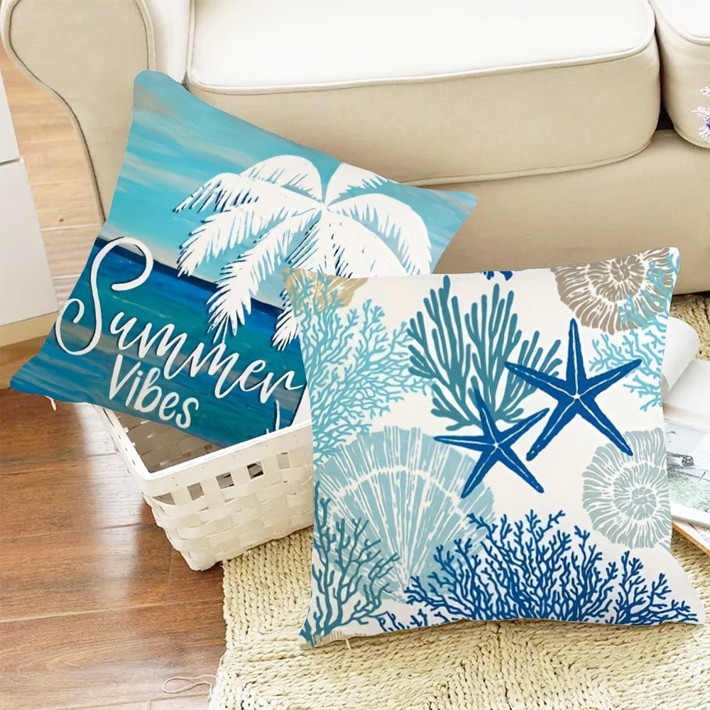4pcs Ocean Beach Coastal Throw Pillow Covers 18x18in - Marine Life Shells Starfish Seahorse Turtle Decorative Pillowcase Set with Zipper Machine Washable for Summer Home Decor