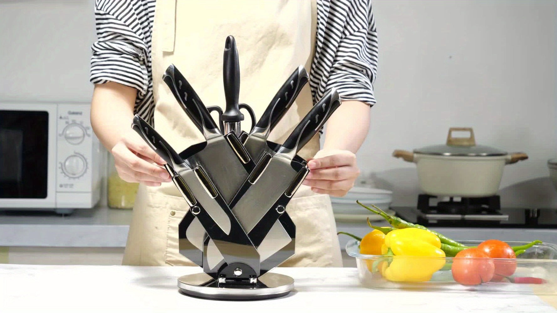 Kitchen Knife Set 7-Piece Damascus Pattern Stainless Steel with Universal Knife Block Holder ¨C Chef Knife, Fruit Knife & Safety Knives Included, Non-Slip Handle