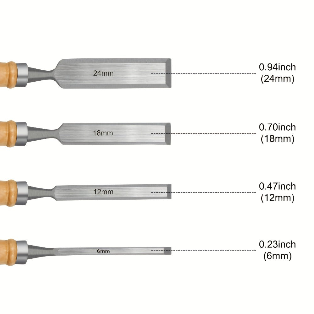 Wood Chisel Set 4pcs ¨C CR-V Steel Woodworking Chisels 6/12/18/24mm, Professional Wood Carving & Carpentry Hand Tools for Beginners and Experts