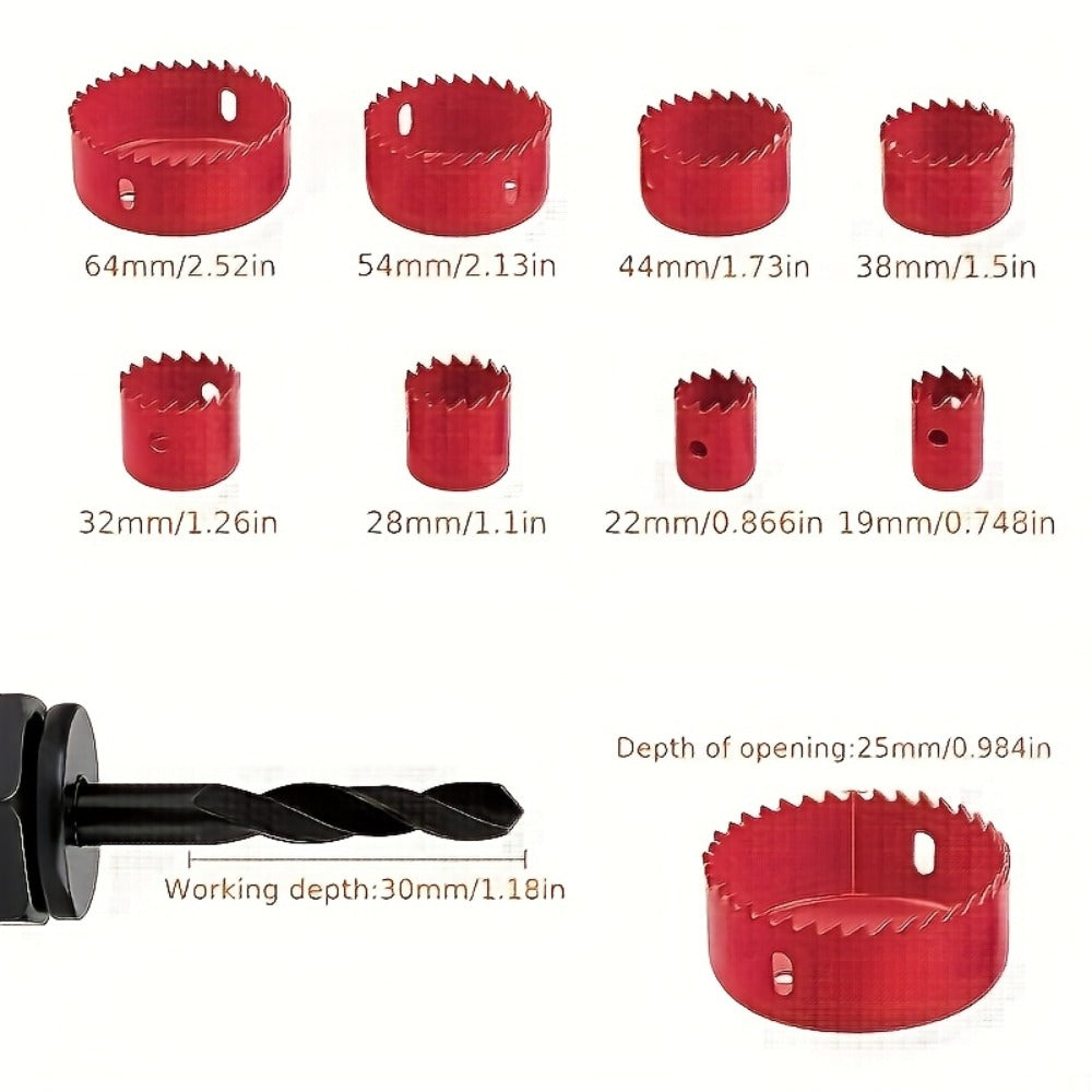 Hole Saw Set 8 Piece Kit 3/4 to 2-1/2 Inch 19mm-64mm Saw Blades with Mandrel and Allen Wrench for Drilling Softwood PVC Plastic Boards Drywall Woodworking Hole Cutter
