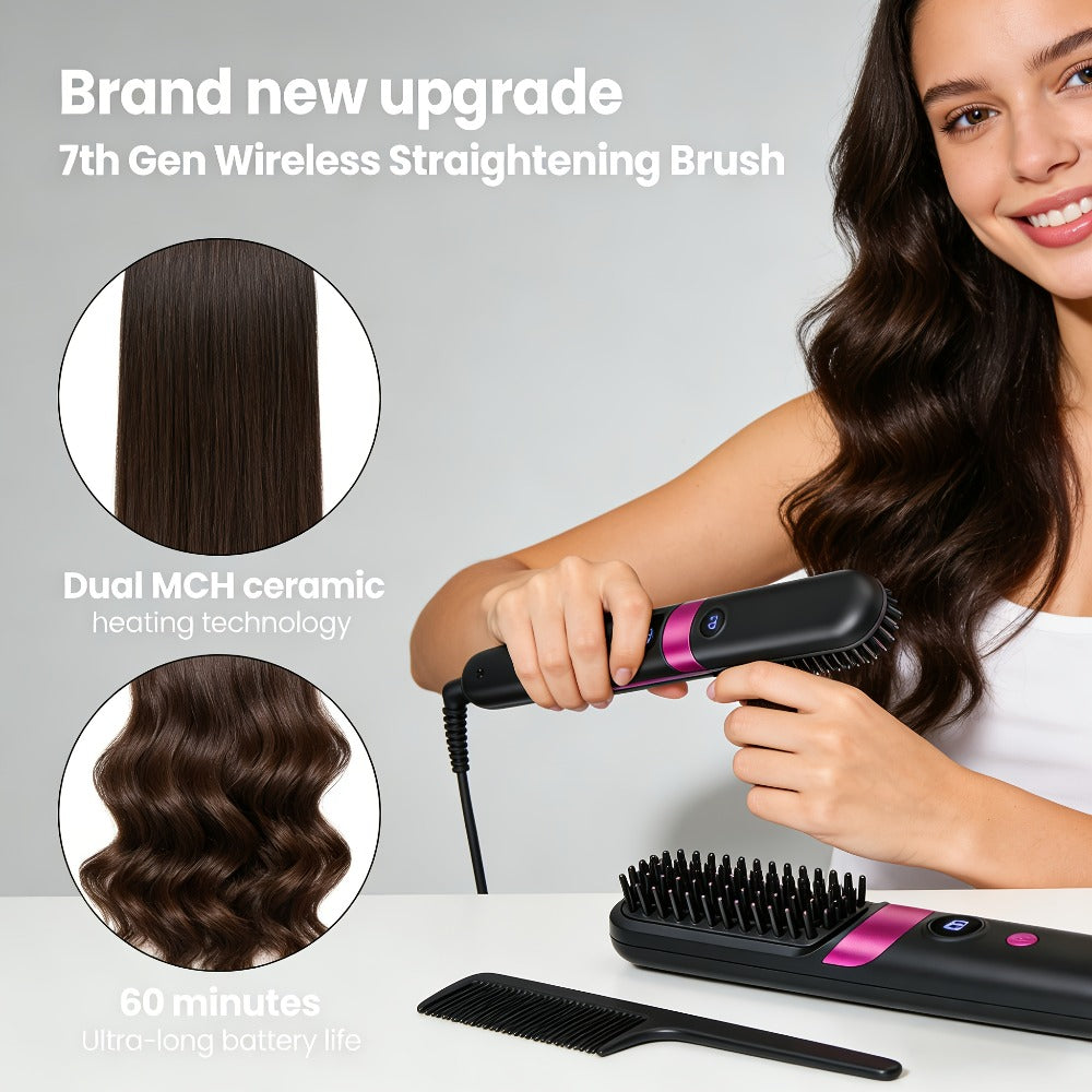 Wireless Hair Straightener Comb USB Rechargeable | Cordless Straightening Brush with Negative Ion, 3-Speed Temp Control, LED Display ¨C Travel Hair Styler