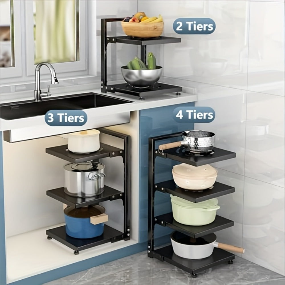 Kitchen Storage Rack Multi-Tier Adjustable - Drain Organizer for Pots Pans and Cutlery with Paint Finish, Floor Standing or Wall Mountable Pot Rack for Kitchen Counter and Cabinet, Available in 2 to 7 Tiers in Black White and Grey